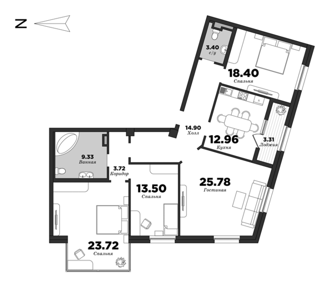 NEVA HAUS, Корпус 1, 4 спальни, 125.25 м² | планировка элитных квартир Санкт-Петербурга | М16